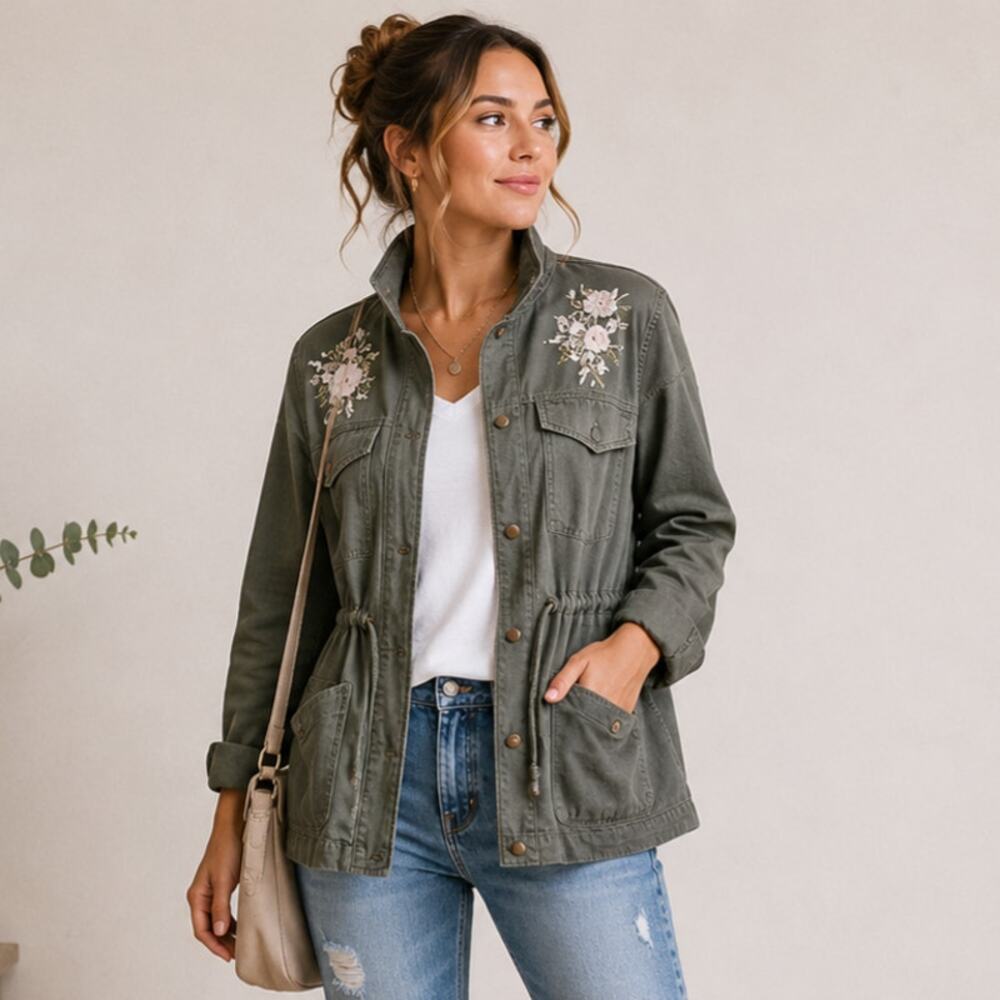 Time & Tru Utility Shirt Jacket Women's Size M Snap Button Military Green Casual